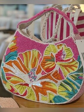 NWT Beach Hand-Beaded Pink Floral Zara Larrson Themed Tote Bag